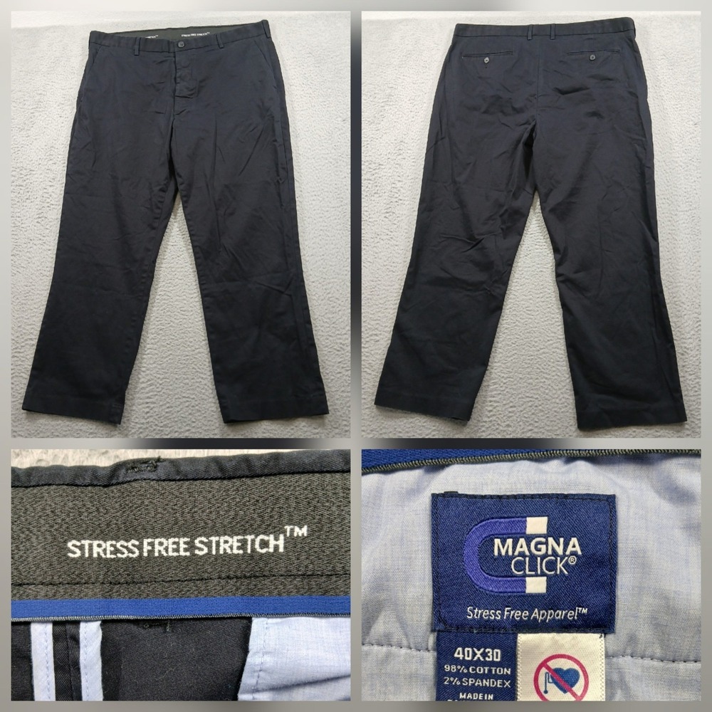 MagnaClick Stress Free Stretch Magnetic Fly Chino Pants Mens 40x30 Navy Blue EUC